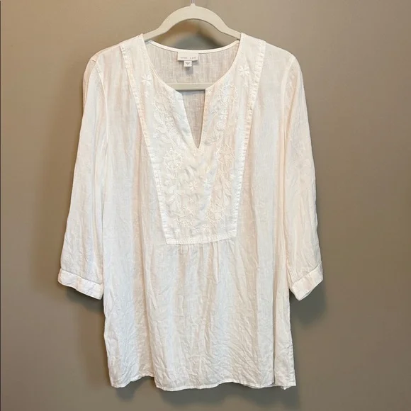 J. Jill Size Medium 100% Linen White Embroidered Split-Neck Tunic Top - Picture 4 of 7